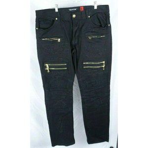 Men's MAKOBI JEANS Size 38 Black Moto Biker Pants